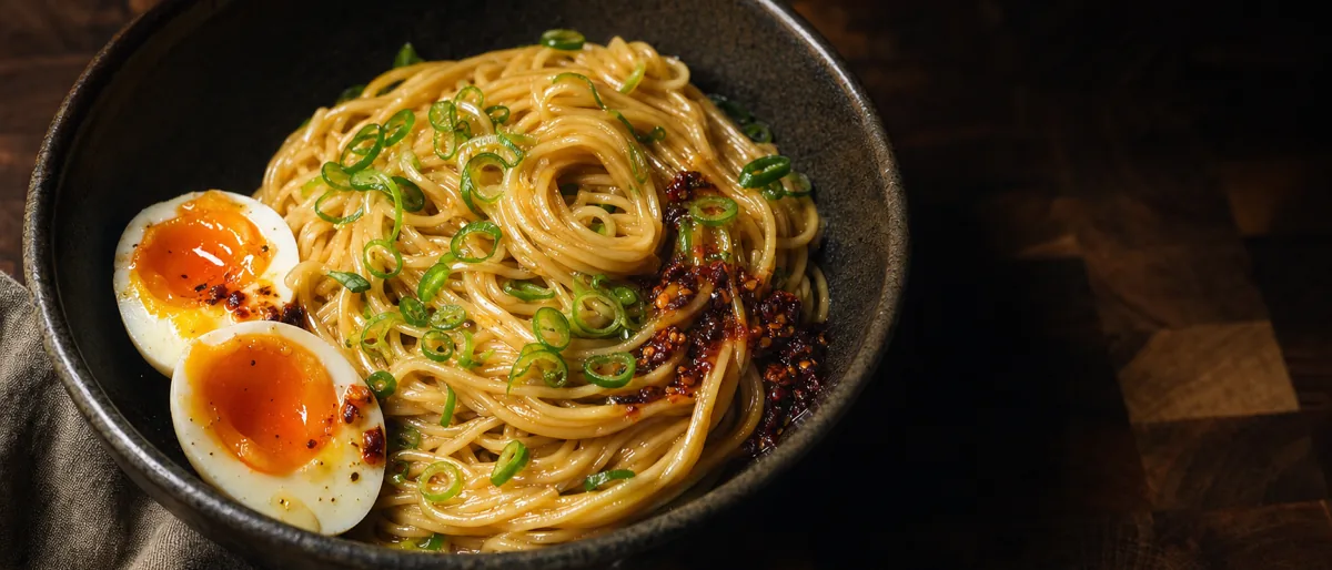 A dark stoneware bowl of glossy miso-butter noodles topped with scallions, chili crisp and a halved soft-boiled egg.